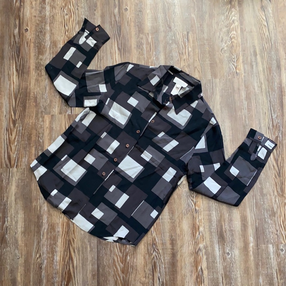 Jones New York Black Geometric Career Silk Blouse
